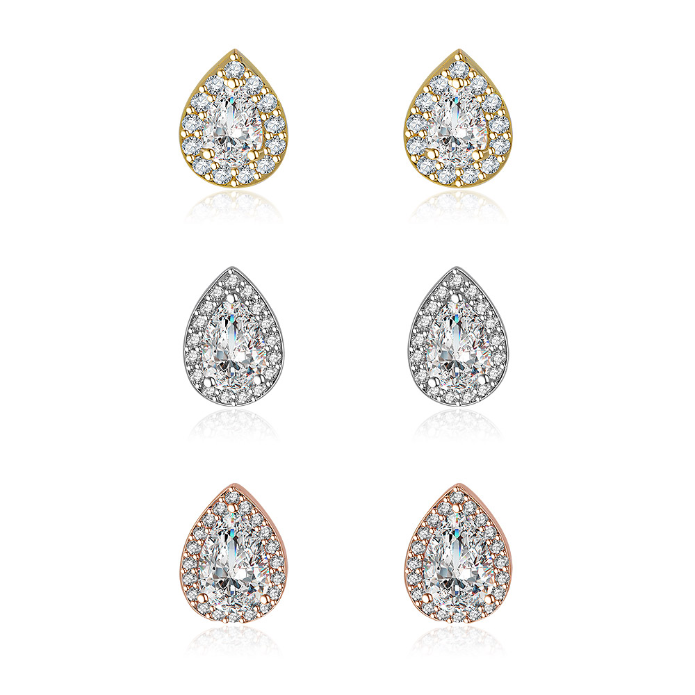 Three Tone Tear Pave Stud Earrings Set